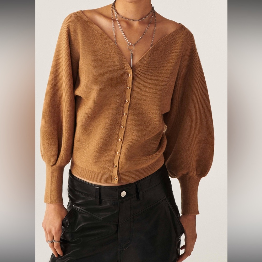 ba&sh Camel Brown V-Neck Button Front Cardigan Sweater